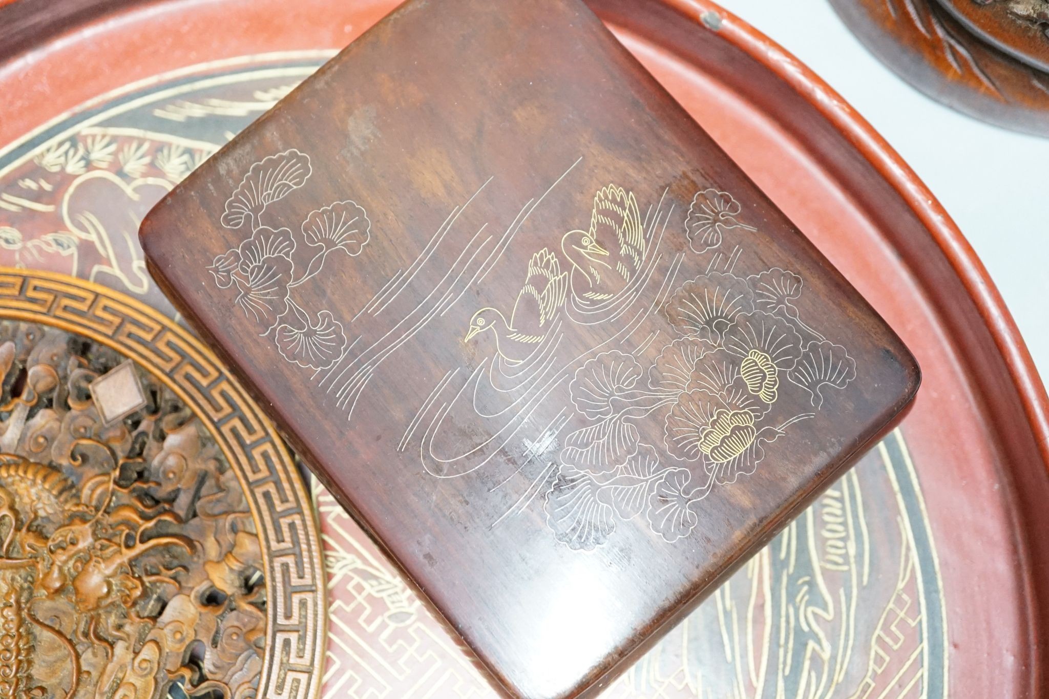 A Chinese applique work panel, a bamboo brushpot, 18cm, lacquer tray, inlaid boxwood table screen, covered box and two carvings